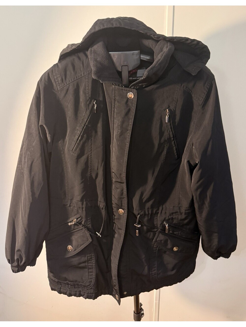 Vintage Giacca Black Hooded Winter Coat Size Med Quilted Lining Jacket Warm